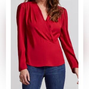 TRIBAL Red Pleated Satin Wrap Blouse M  NWOT